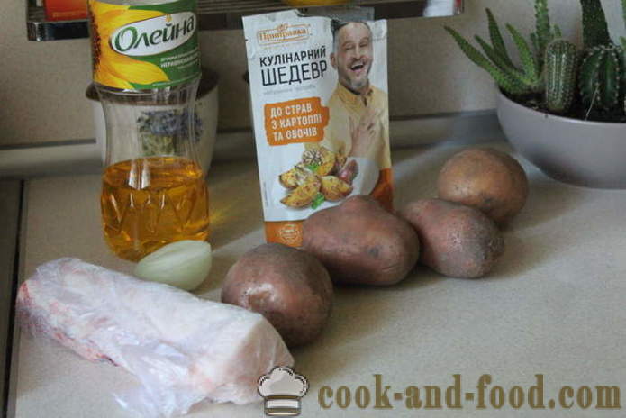 Kokt potatis med lök och bacon - så läckra att laga potatis för en sida maträtt, en steg för steg recept foton
