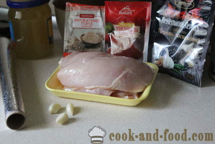 Home pastrami kycklingbröst i folie - hur man gör en pastrami kyckling i ugnen, med en steg för steg recept foton