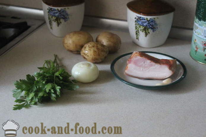 Tasty potatis med vitlök och bacon - hur man lagar en läcker färskpotatis, ett steg för steg recept foton