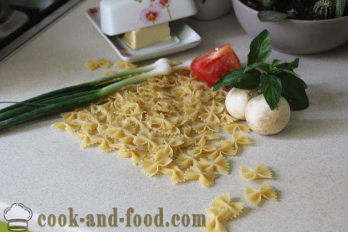 Pasta med tomater, basilika och svamp - hur man lagar en svamp pasta med basilika och tomater, en steg för steg recept foton
