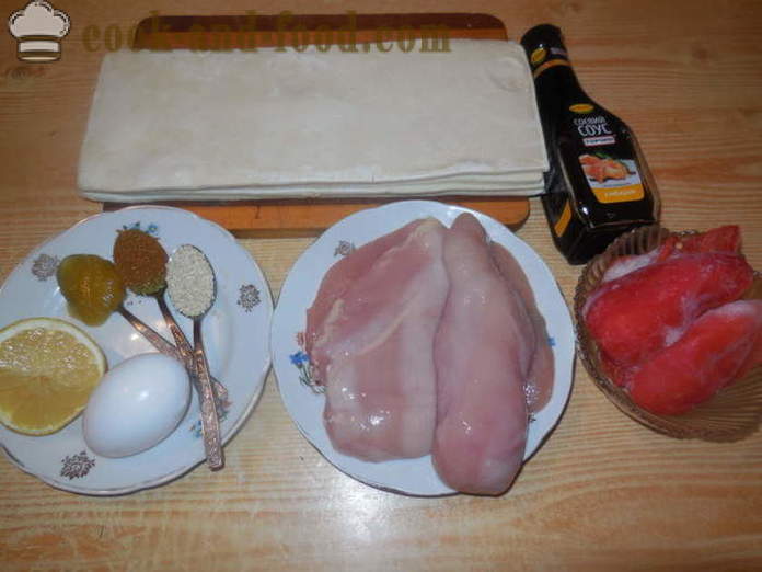 Kyckling i smördeg i ugnen på spett - hur man lagar en kyckling på spett, en steg för steg recept foton