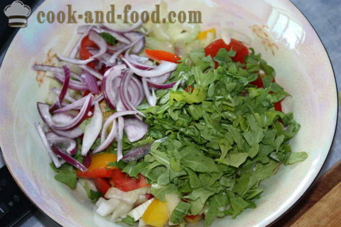 Sallad med grönsaker och mozzarella - Hur man gör en sallad med grönsaker och ost, med en steg för steg recept foton