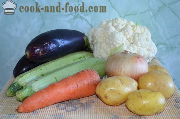 Grönsaksgryta med potatis och zucchini - hur man lagar grönsaksgryta med potatis, zucchini, aubergine och blomkål, en steg för steg recept foton