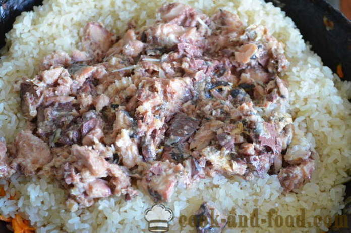 Mager fisk pilaff - hur man lagar risotto med fisk på burk, steg för steg recept foton