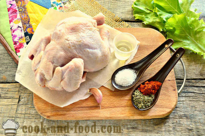Kyckling bakas i hylsan helt - hur man bakar kyckling i ugnen, med en steg för steg recept foton
