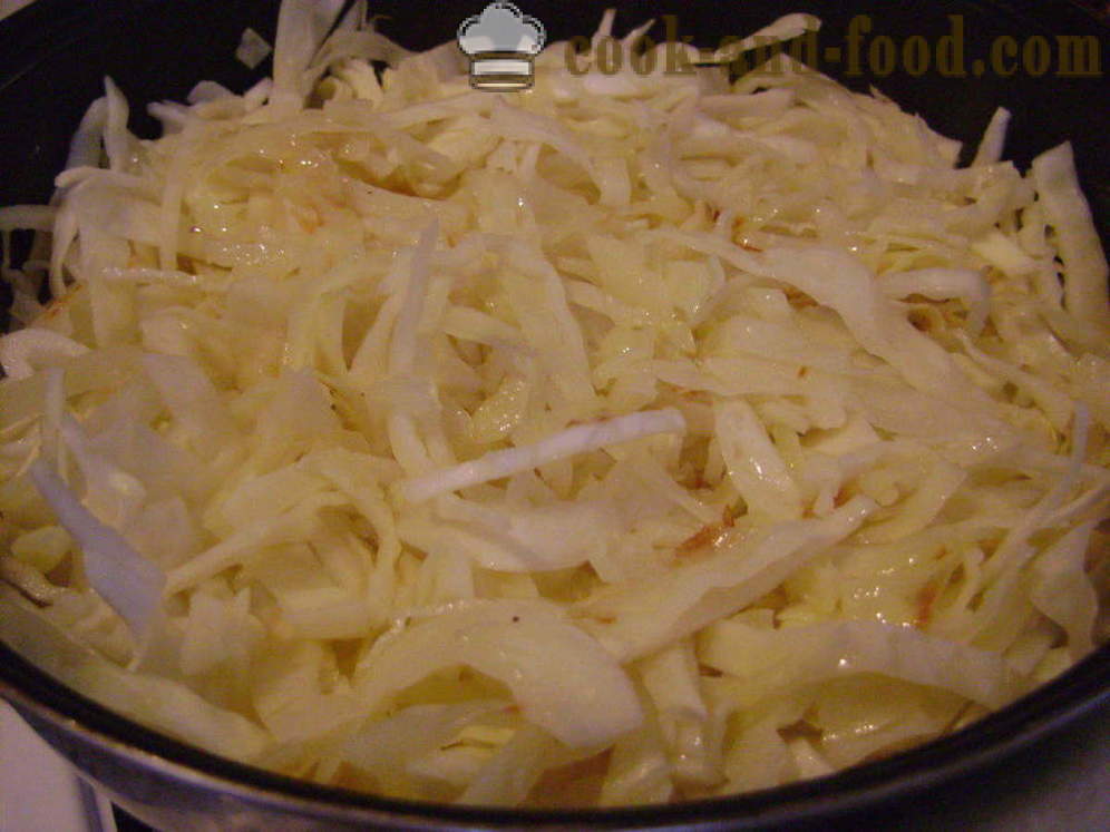 Bräserad kål med potatis, kyckling och svamp - både välsmakande laga stuvad vitkål, steg för steg recept foton