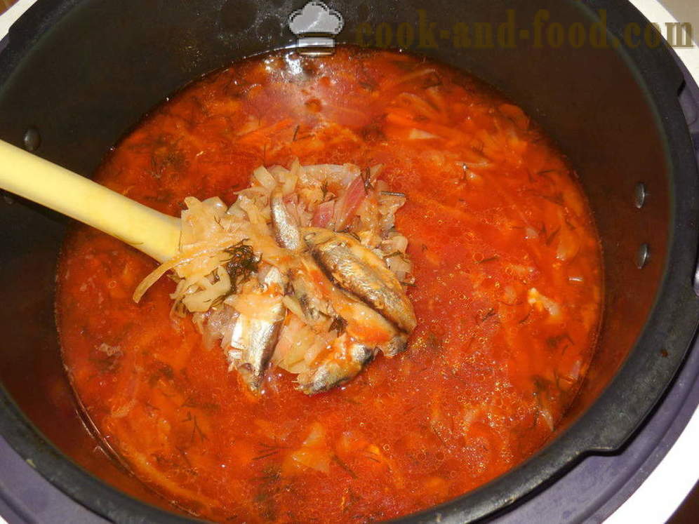 Grönsakssoppa med sardiner i tomatsås i multivarka - hur man lagar grönsakssoppa med ansjovis, en steg för steg recept foton