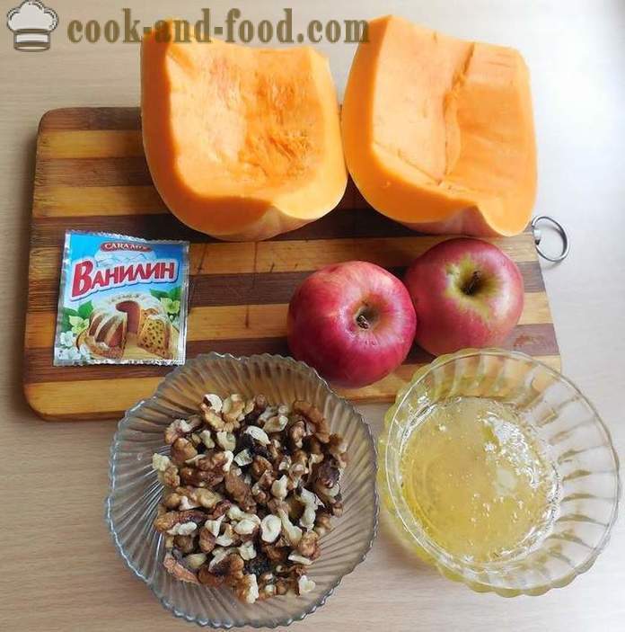 Honung dessert av bakade pumpa, äpplen och nötter - hur man lagar en efterrätt med pumpa recept med ett foto