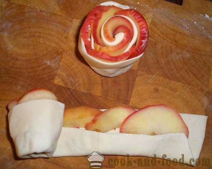 Rose kaka av smördeg och äpplen under snön av strösocker - receptet i ugnen, med foton