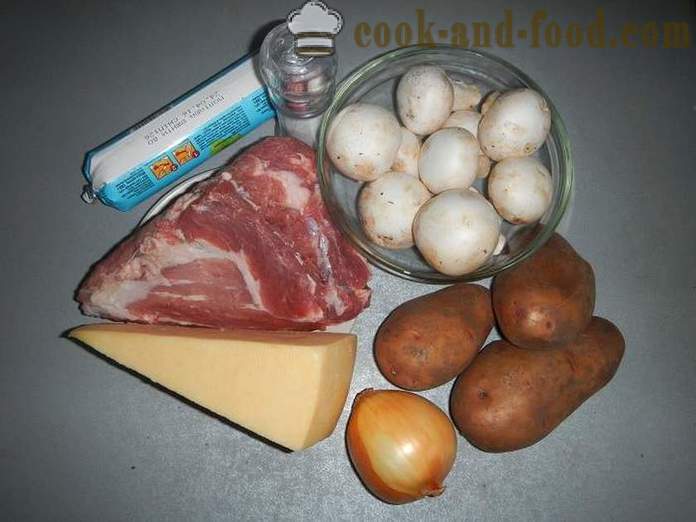 Potatis på franska i ugnen - en foto recept hur man lagar potatis på franska med fläsk och svamp