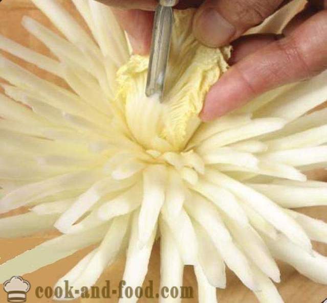 Carving för nybörjare grönsaker: Chrysanthemum blomma kinakål, foton