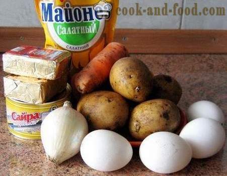 Mimosa sallad - turbaserat klassiska recept med ost, smör, konserver och potatis (foto, video)
